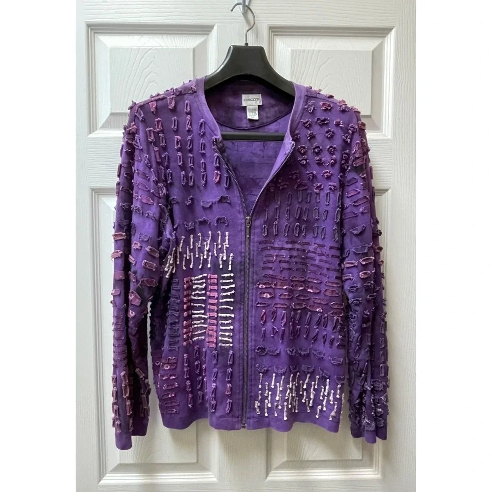 Chico's Women's Medium Purple Textured Ribbon-Loop Full Zip Jacket Boho‎ Art